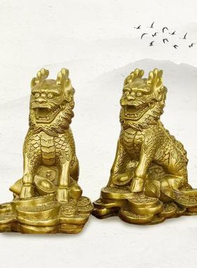 hbql100-纯黄铜客护宝麒麟摆一件对小号铜麒麟开业家居厅店铺公办