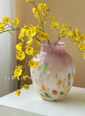 中古风彩色渐变波点琉璃花瓶法式高级感玄关客厅艺术花器玻璃摆件