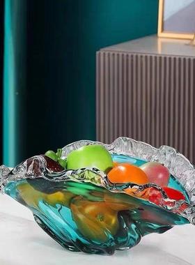 轻蓝色琉璃玻璃花瓶波浪边水果盘居家客54040ZH1厅桌餐桌面花轻奢