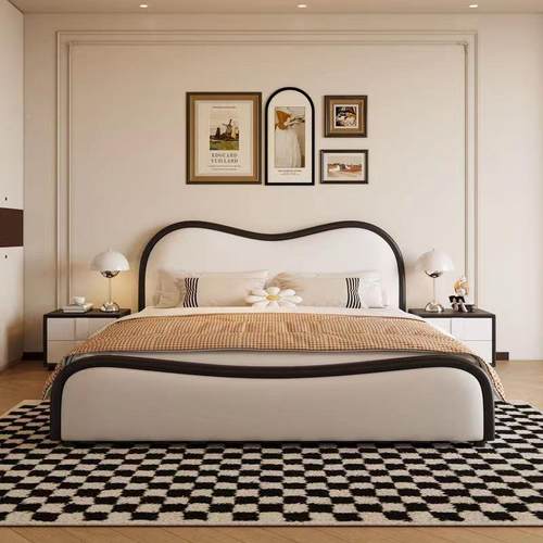 极简奶油风卧实木皮艺简PCS储物床床现代约复古波浪主室双人软体 - 图0