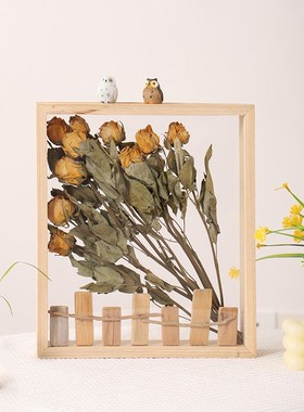 居慢生活实木干花相框成品摆台手工大号玫瑰花立体桌面摆件装饰
