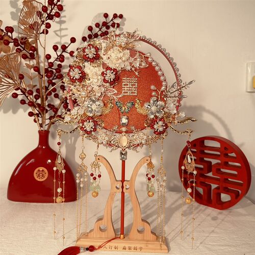 团扇新娘结婚扇手工中式秀禾服喜扇婚礼高级diy材料成品扇子重工 - 图0