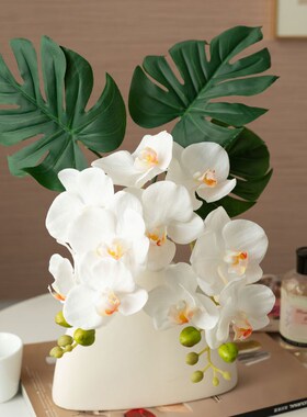 白色蝴蝶兰仿真花龟背叶假花客厅卧室餐桌玄关电视柜装饰摆件绿植