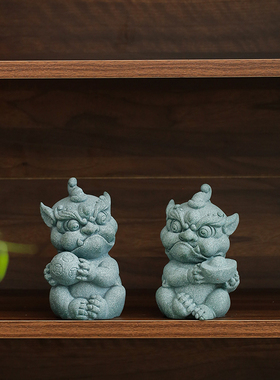 创意石狮子摆件一对国潮喜庆招财鱼缸造景新中式家居客厅桌面装饰
