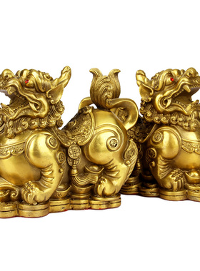 黄铜金钱貔貅摆件大号一对雌雄皮休工艺品聚宝盆摆设