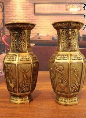 铜花瓶纯铜仿古供佛花瓶松鹤延年富贵大吉大展宏图连年有鱼一对