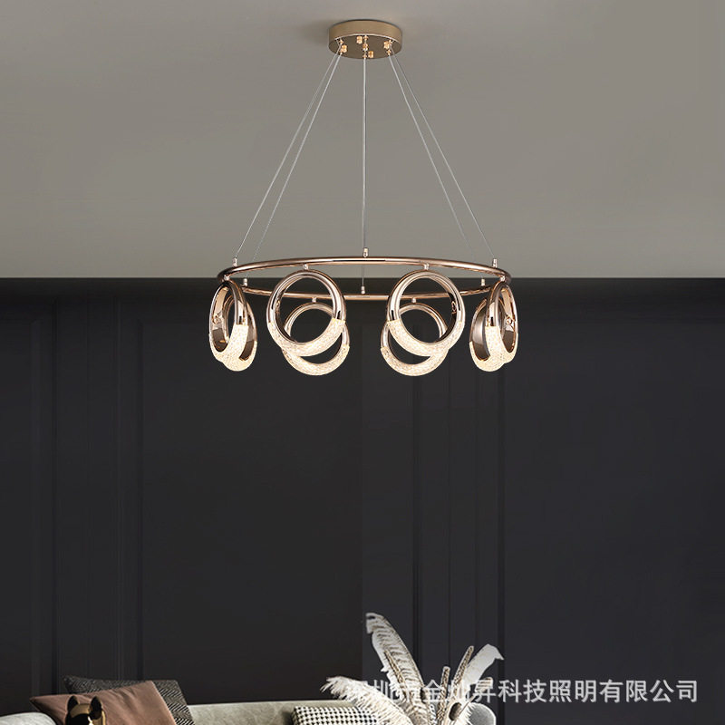 Light luxury chandelier, post-modern living room, dining room, bedroom lamp, personalized designer golden ring, infinitely dimmable LED lamp