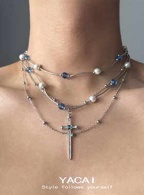 多层叠戴珍珠项链十字架吊坠小众复古锁骨链蓝色圆珠拼接毛衣链