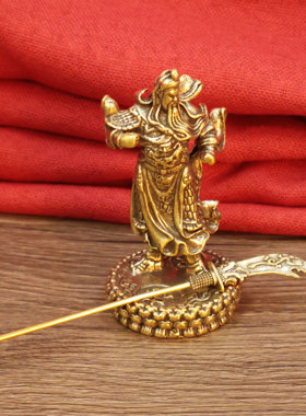 黄铜摆件关公摆件雕塑装饰品办公室简约中式卧室风格车载室内摆件