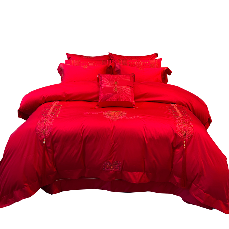高端100支长绒棉简约大红色纯棉全棉结婚床上用品四件套陪嫁床品4 - 图2