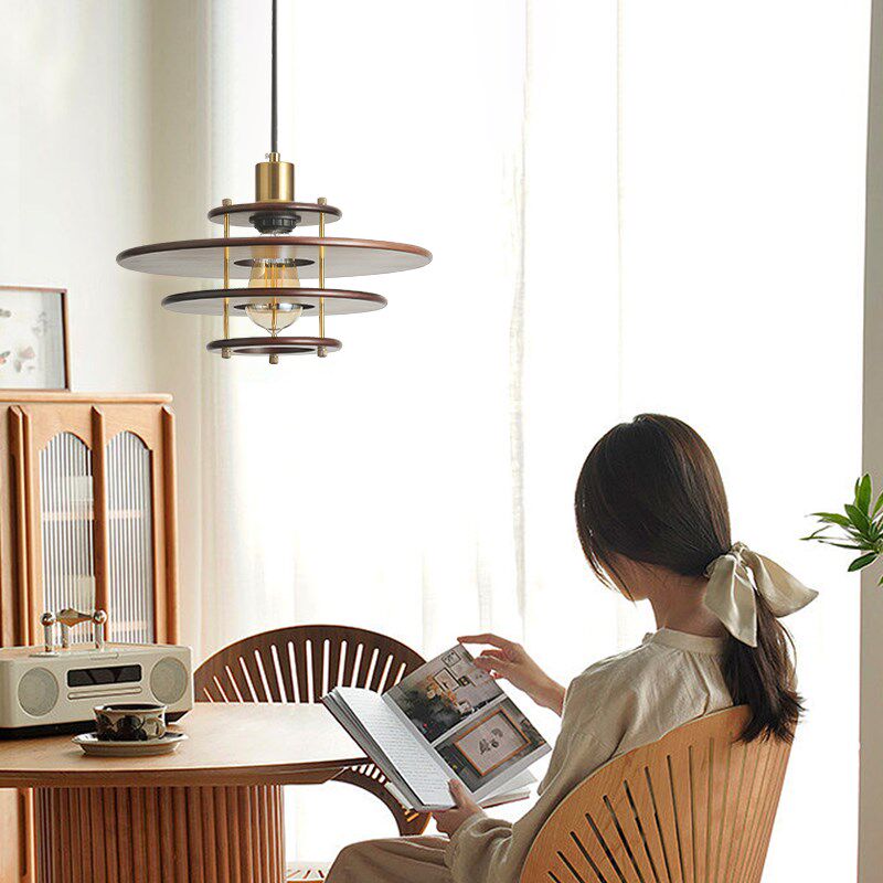 中古风实木飞碟餐厅吊灯复古胡桃木吧台侘寂风餐桌设计师装饰灯具,淘宝优惠券,粉丝福利购,淘宝优惠卷