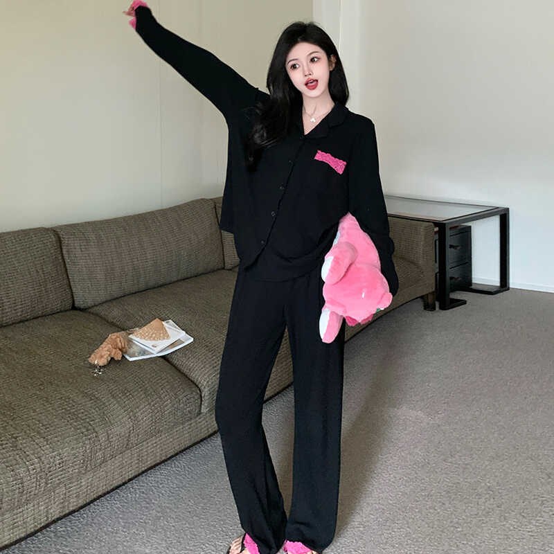 睡衣女春秋季高级感时尚宽松休闲纯棉家居服大码套装两件套可外穿 - 图2