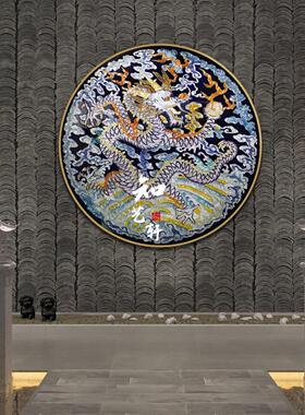 高档手绘珐琅彩装饰画玄关轻奢挂画客厅沙发背景墙立体圆形图腾龙