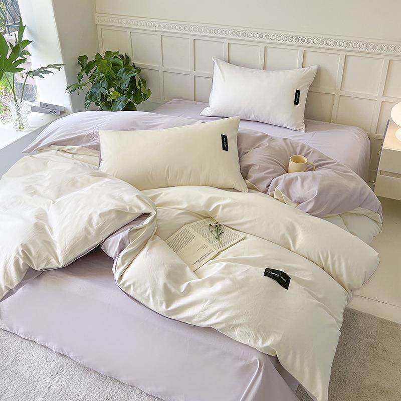 日式简约纯色四双水洗棉件拼套亲肤床磨毛LIO学生三件套笠款 - 图1