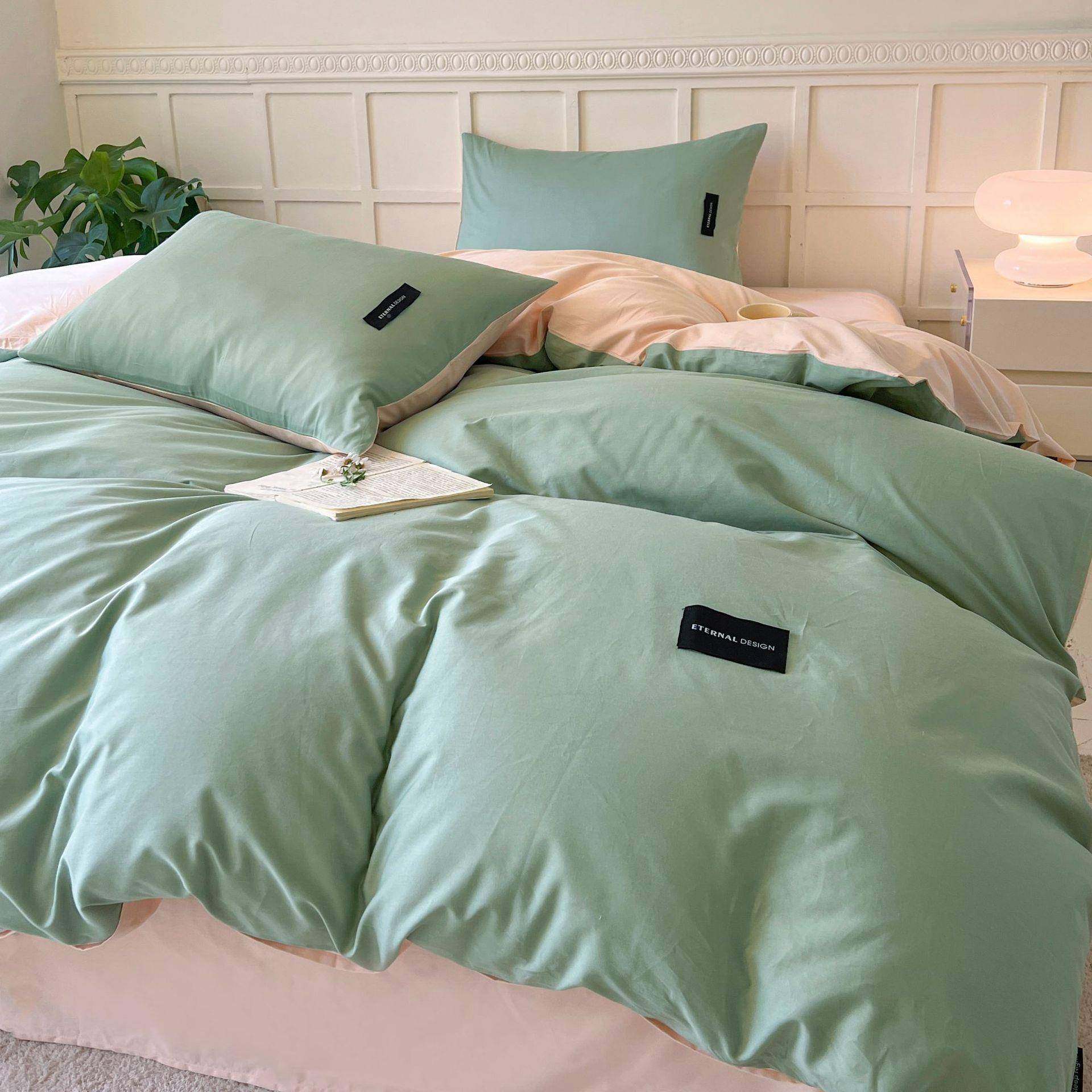 日式简约纯色四双水洗棉件拼套亲肤床磨毛LIO学生三件套笠款 - 图2