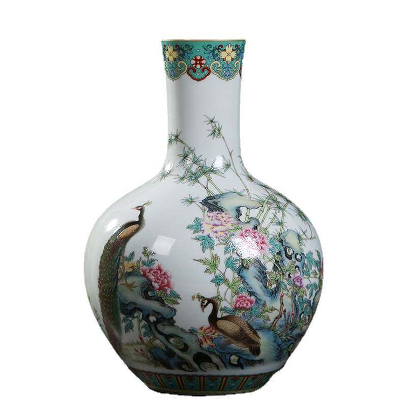 仿古中式粉彩孔雀天球花瓶 景德镇陶瓷家居客厅瓷器摆件工艺品,淘宝优惠券,粉丝福利购,淘宝优惠卷
