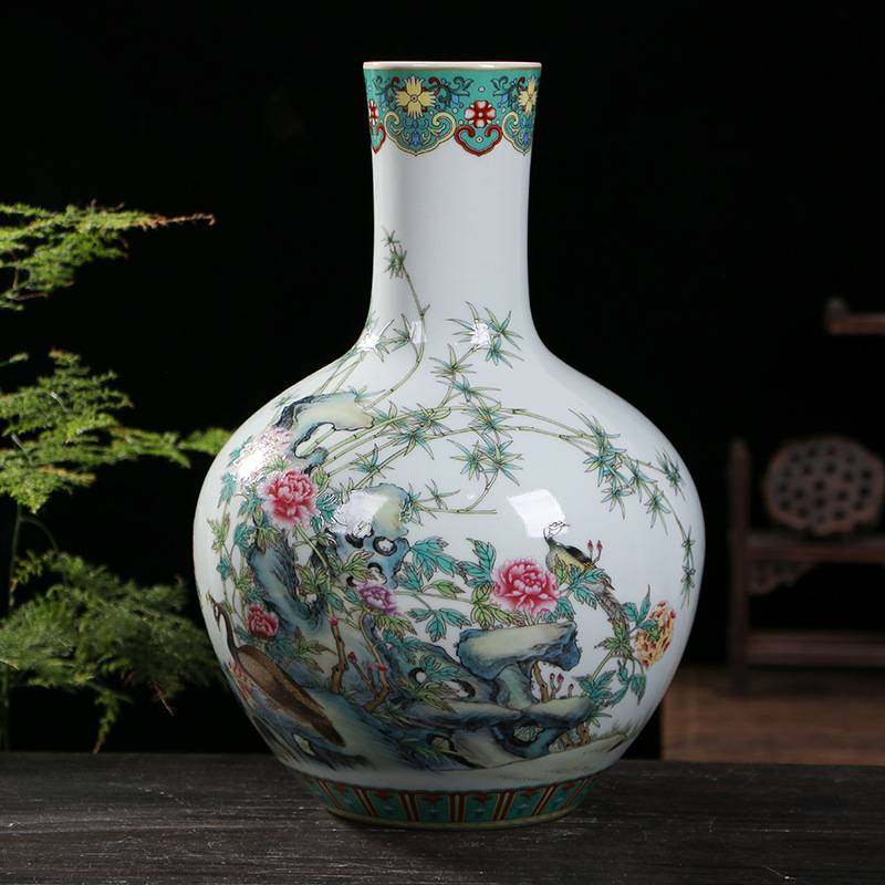 仿古中式粉彩孔雀天球花瓶 景德镇陶瓷家居客厅瓷器摆件工艺品,淘宝优惠券,粉丝福利购,淘宝优惠卷