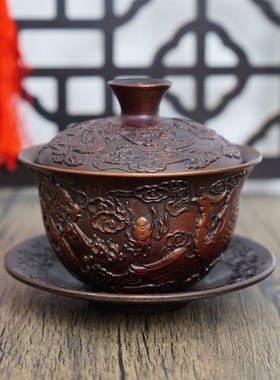 彷紫陶茶具摆件客厅工艺品纯黄铜茶壶老式酒壶彷古董红铜茶碗盖碗