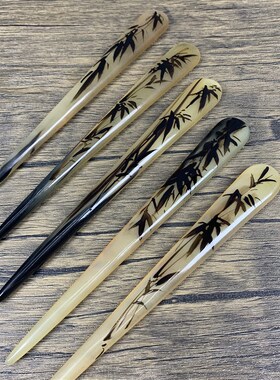 【悦木坊】羊角发簪手工漆艺绘画意境竹子墨荷荷花发簪日常搭配