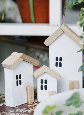 花园杂货摆件实木做旧小房子三件套装饰