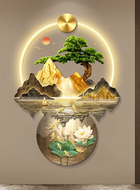 新中式九鱼图玄关装饰画带灯迎客松挂画入户进门走廊过道山水壁画