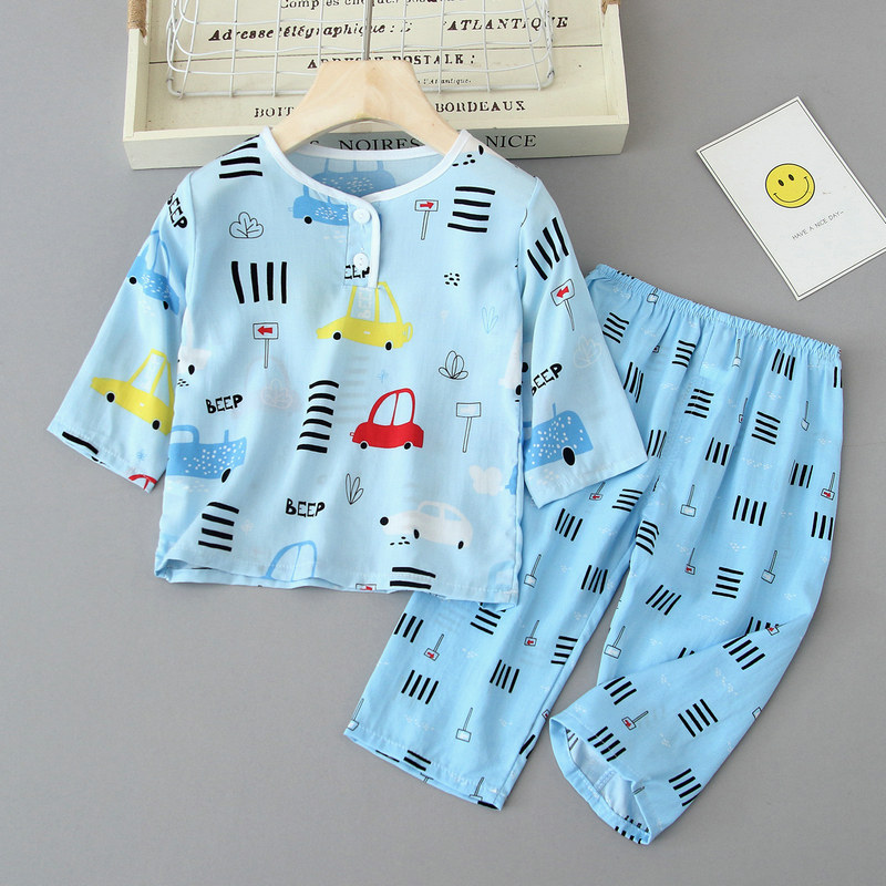 夏季儿童棉绸睡衣薄款长袖空调服女童男孩宝宝小孩绵绸家居服套装,淘宝优惠券,粉丝福利购,淘宝优惠卷