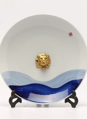 新中式样板间陶瓷盘子装饰 山水盘架摆件 客厅玄关看盘工艺品摆设