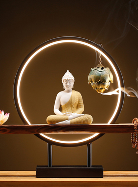新中式禅意如来摆件家居客厅玄关桌面创意灯圈样板房软装饰品摆设