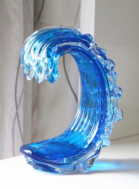 现代创意手工摆件玻璃海浪客厅书房装饰抽象工艺品地中海家居饰品