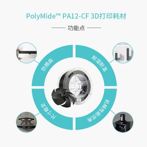 PolyMide PA12-CF 碳纤维增强尼龙3D打印耗材(500g) 高耐热低吸湿 - 图0