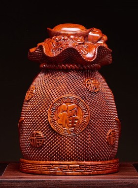 花梨木雕金钱袋摆件实木福袋客厅酒柜电视柜玄关创意乔迁开业礼品