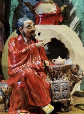 陆羽品茶茶圣古代人物摆件石湾陶瓷公仔中式茶艺馆装饰品纯手工