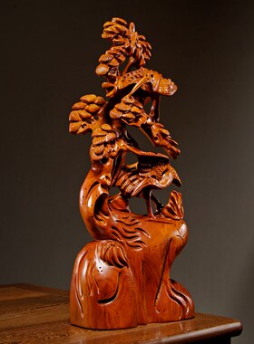 花梨木雕刻松鹤延年根雕摆件红木工艺品家居客厅装饰摆设贺寿送礼