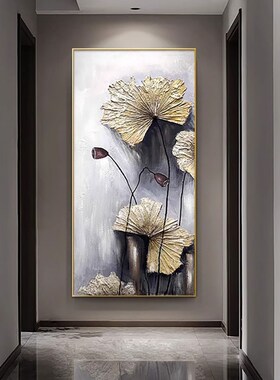 大芬油画村荷花玄关装饰画中古风入户正对门客厅挂画走廊过道壁画