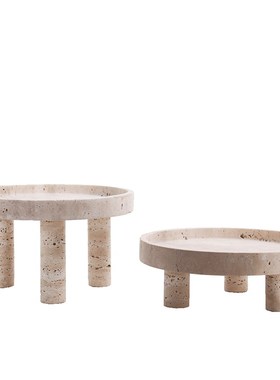 轻奢侘寂高档洞石大理石果盘收纳托盘摆件样板间客厅餐厅茶几软装