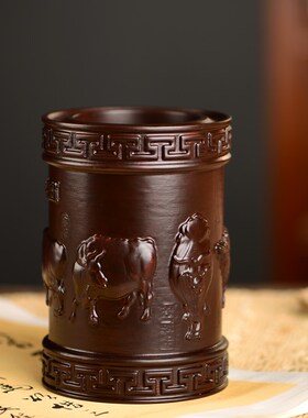 黑檀木雕五牛图笔筒工艺品办公室书桌家居客厅木质笔筒摆件送礼