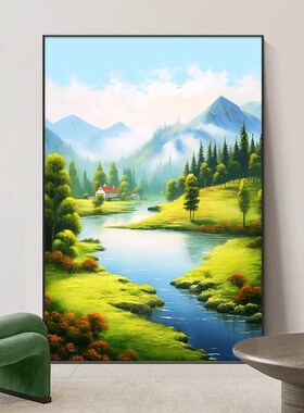 绿水青山挂画2024新款进门玄关装饰画风景高级壁画客厅沙发落地画