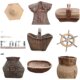Collection of old folk objects, nostalgic miscellaneous wooden forks, washbasins, radios, baskets, docks and other antiques and old things.