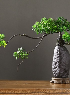中式仿真迎客松盆景小植物摆件陶瓷花瓶假花松树客厅茶室布置装饰