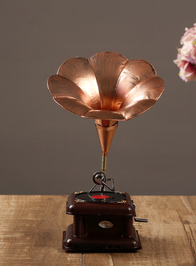 欧式铁艺留声机模型复古酒吧摆设客厅样板房别墅餐厅装饰品摆件