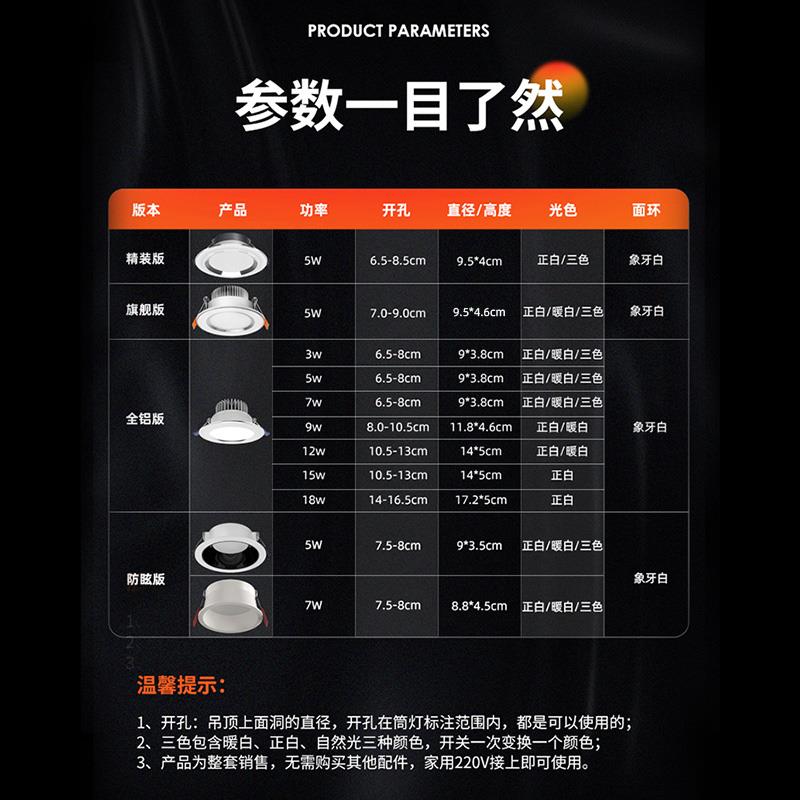 my筒灯led嵌入式家用天花射灯孔灯客厅吊顶孔灯简灯三色牛眼灯商 - 图3
