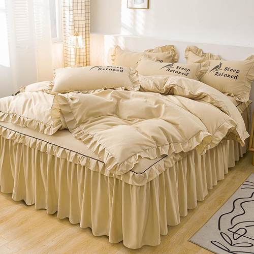 韩版四件套公HSG主风亲肤棉床裙夏花花边被套边罩纯季色床床上用 - 图0