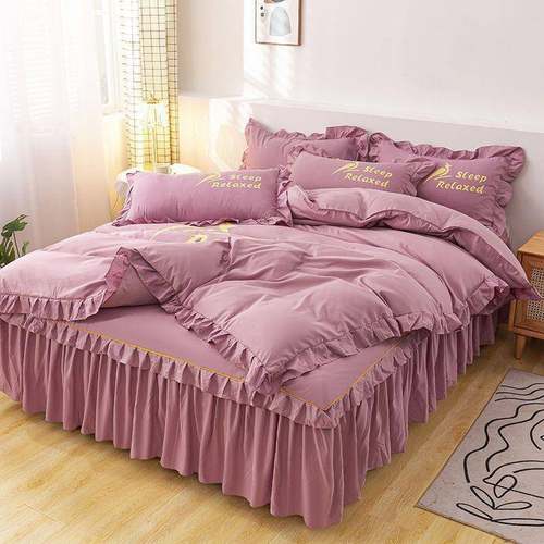 韩版四件套公HSG主风亲肤棉床裙夏花花边被套边罩纯季色床床上用 - 图2