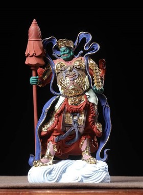 小叶黄杨木精雕彩绘真金描金四大天王金刚门神摆件家居办公装饰品