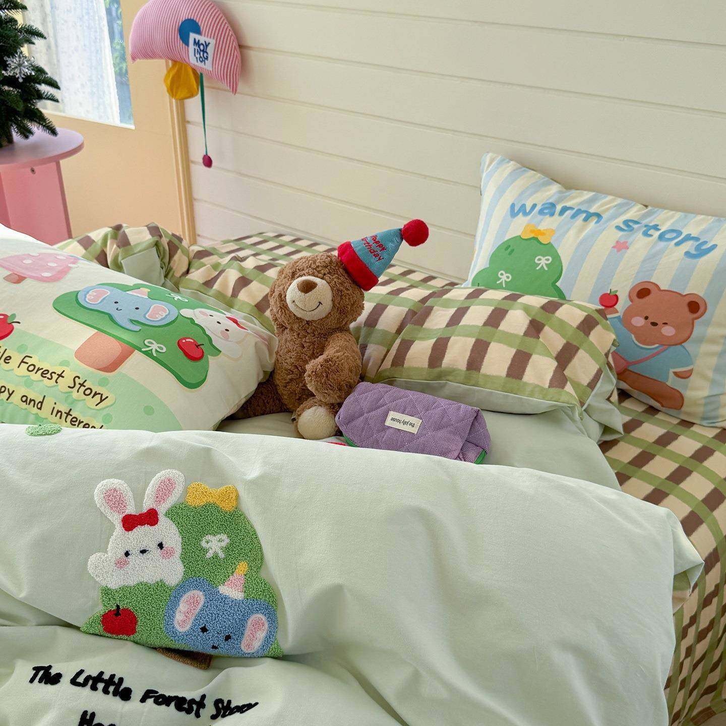 2025新款全棉秋冬磨毛毛巾绣四件套 1.8m床单款四件套 熊兔乐园,淘宝优惠券,粉丝福利购,淘宝优惠卷