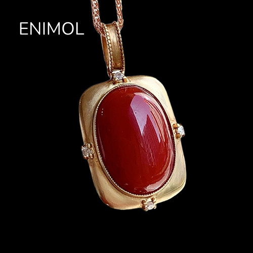 ENIMOL日本aka阿卡红珊瑚牛血色蛋面吊坠 18k金钻石镶嵌 轻奢百搭 - 图0