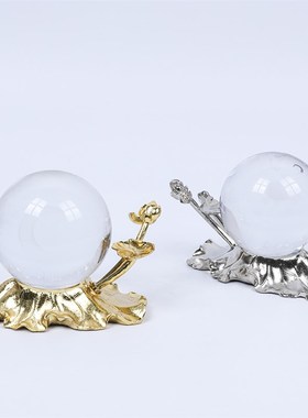 新款银色莲花荷叶水晶球托桌面装饰摆件莲花池塘意境檀香架