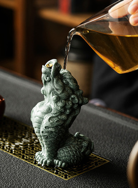 国潮青砂石麒麟香插茶室茶台客厅摆件瑞兽中式器物可养茶玩茶宠