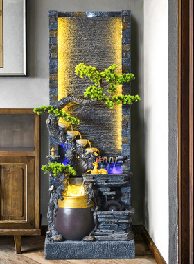 中式水幕墙流水喷泉室内循环水生财屏风假山景观客厅现代落地摆件