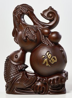 黑檀木雕福禄有鱼葫芦摆件家居客厅电视柜装饰红木工艺品乔迁送礼
